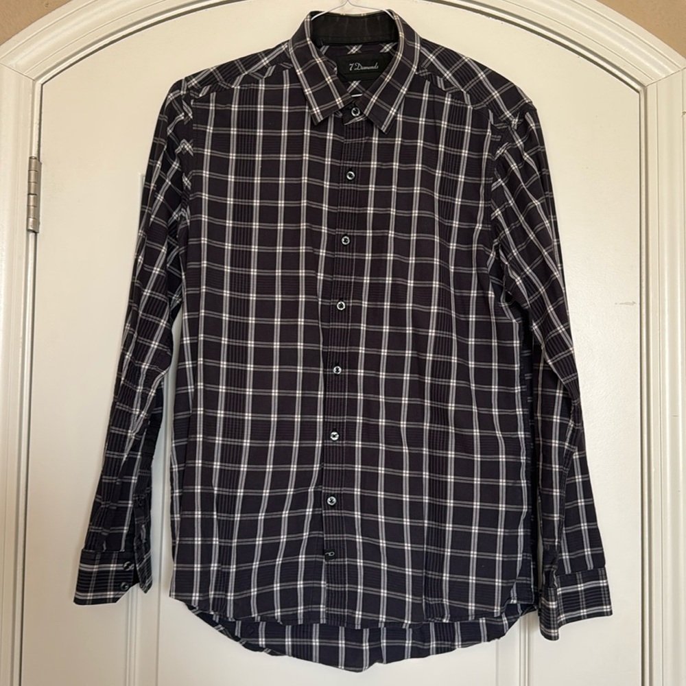 Men’s 7 Diamonds Button down shirt. Black Purple White medium M. Casual